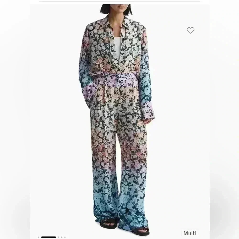 New Reiss SERENA Wide-Leg Pleated Multi-Color Floral Palazzo Pant…